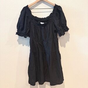 OLD NAVY Womens Cotton Dress M Black Eyelet Smocked Puff Sleeve Tiered Mini